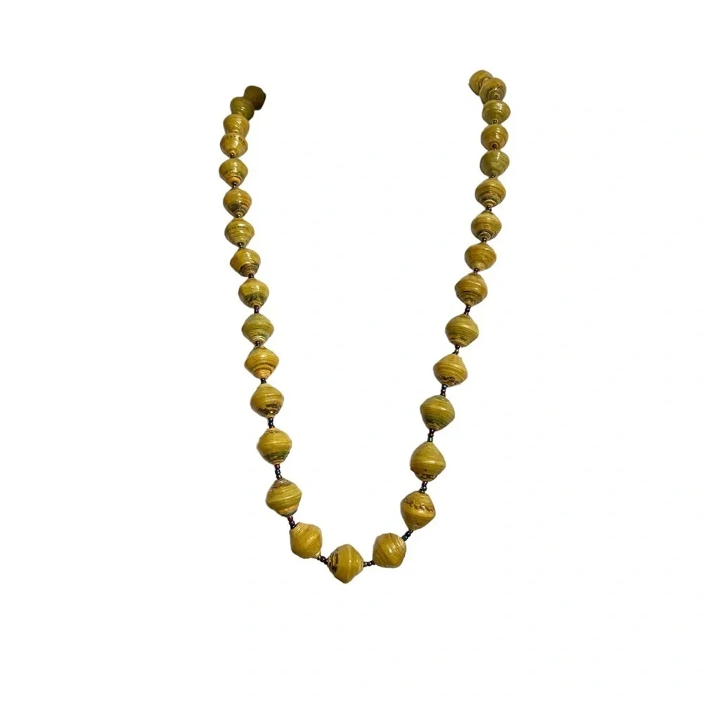 Kitchy Paper Beads Necklace Green With Seed Beads Artisan Made
